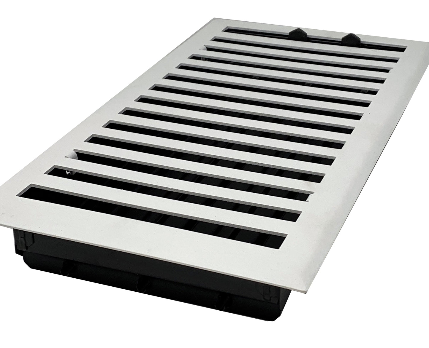 The Madelyn Carter Steel Modern Chic Vent Covers - White feature horizontal slats and a sleek rectangular design, perfect for floor or wall installation in modern homes.