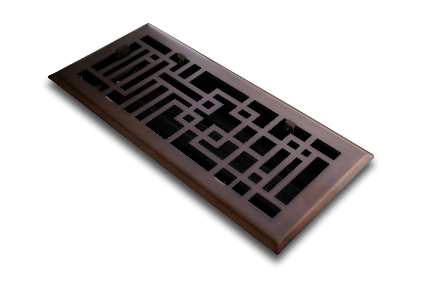 The Madelyn Carter Steel Capitman Art Deco Vent Cover features a geometric pattern and oil rubbed bronze finish, displayed on a white background.