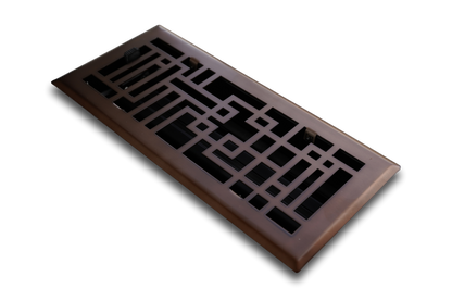 The Madelyn Carter Steel Capitman Art Deco Vent Cover features a geometric pattern and oil rubbed bronze finish, displayed on a white background.