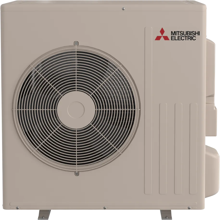 The Insco Mitsubishi Single-Zone Heat-Pump System SUZ-AA outdoor unit, featuring a visible fan and top-right logo, offers efficient ductless heating and cooling.