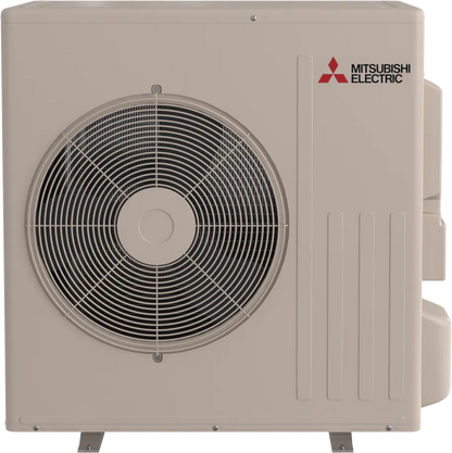 The Insco Mitsubishi Single-Zone Heat-Pump System SUZ-AA outdoor unit, featuring a visible fan and top-right logo, offers efficient ductless heating and cooling.