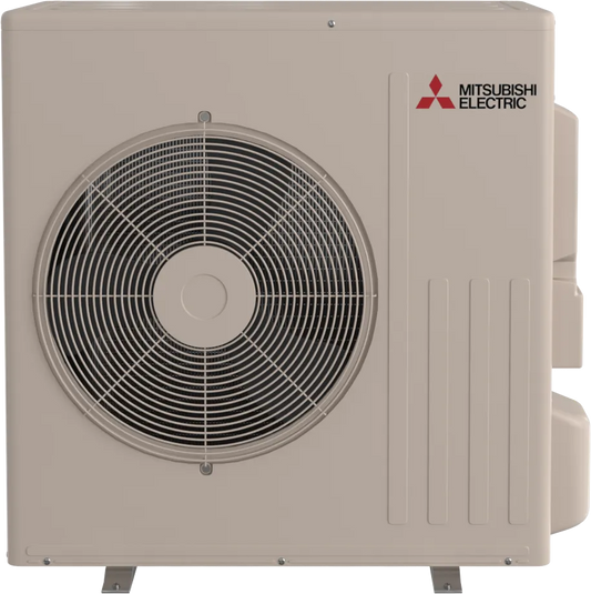 The Insco Mitsubishi Single-Zone Heat-Pump System SUZ-AA outdoor unit, featuring a visible fan and top-right logo, offers efficient ductless heating and cooling.
