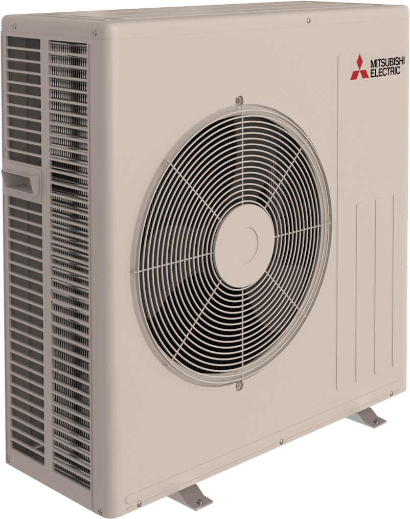 The Insco Mitsubishi Single-Zone Heat-Pump System SUZ-AA is an outdoor unit for ductless heating and cooling, shown with a central fan and protective grille, viewed from an angle.