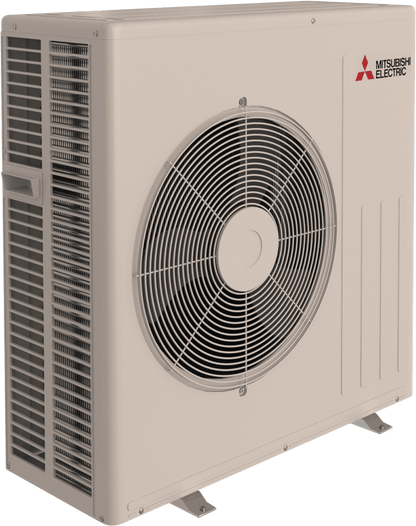 The Insco Mitsubishi Single-Zone Heat-Pump System SUZ-AA is an outdoor unit for ductless heating and cooling, shown with a central fan and protective grille, viewed from an angle.