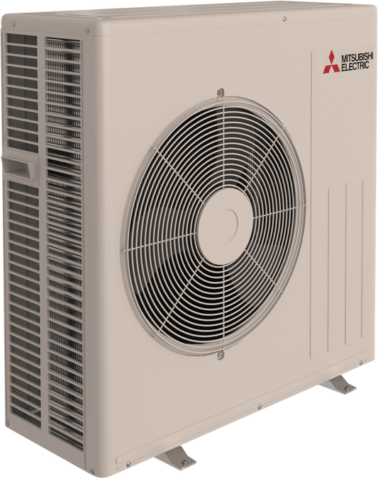 The Insco Mitsubishi Single-Zone Heat-Pump System SUZ-AA is an outdoor unit for ductless heating and cooling, shown with a central fan and protective grille, viewed from an angle.