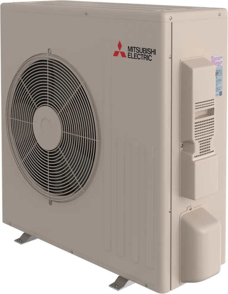 The Insco Mitsubishi Single-Zone Heat-Pump System SUZ-AA is an outdoor unit with a large fan and vented beige casing, ideal for efficient ductless heating and cooling.