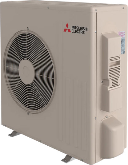 The Insco Mitsubishi Single-Zone Heat-Pump System SUZ-AA is an outdoor unit with a large fan and vented beige casing, ideal for efficient ductless heating and cooling.