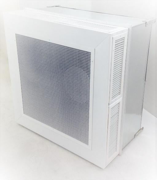 The EP Custom Four Way Throw Right Angle Concentric Diffuser is a white, box-shaped unit with a large front vent and two vertical side vents, designed for industrial use and shown on a plain white background.