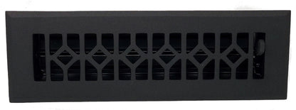 The Madelyn Carter Cast Aluminum Roman Vent Cover in black features a geometric lattice design with horizontal slats, adding sleek style and function to any space.