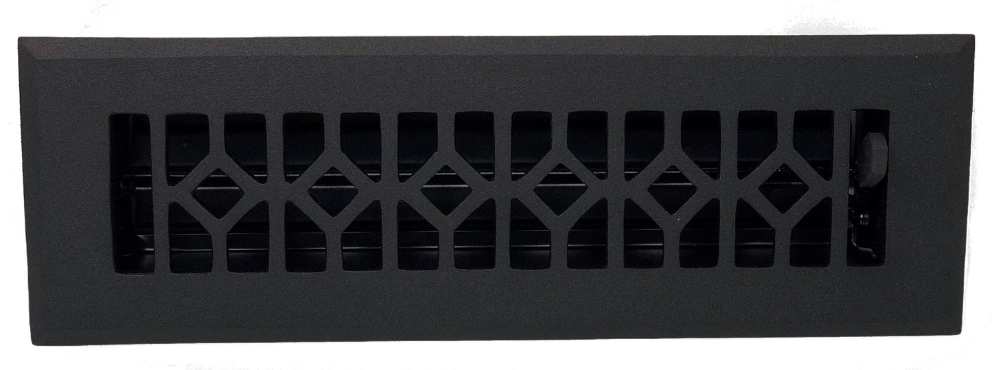 The Madelyn Carter Cast Aluminum Roman Vent Cover in black features a geometric lattice design with horizontal slats, adding a modern touch to any room.