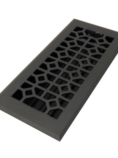 The Madelyn Carter Cast Aluminum Roman Vent Cover in black features a geometric cutout pattern and is shown against a white background.
