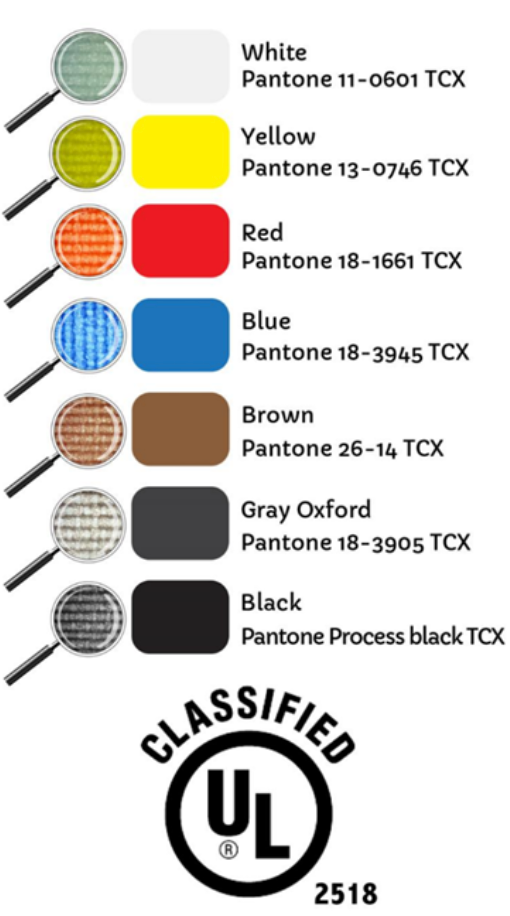 Softducts Fabric Ducts for Greenhouses & Plant Nurseries: Color swatches (white, yellow, red, blue, brown, gray oxford, black) with Pantone codes and "UL Classified 2518" logo—perfect for fabric duct ventilation.