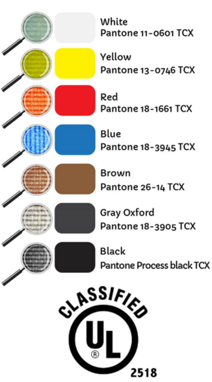 Softducts Fabric Ducts for Greenhouses & Plant Nurseries: Color swatches (white, yellow, red, blue, brown, gray oxford, black) with Pantone codes and "UL Classified 2518" logo—perfect for fabric duct ventilation.