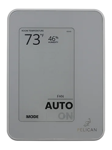 The Pelican - Touch Thermostat - TC Series displays HVAC data: 73°F room temperature, 46% humidity, fan on AUTO, and features the "PELICAN" brand name with its logo—ideal for commercial connected thermostat systems.