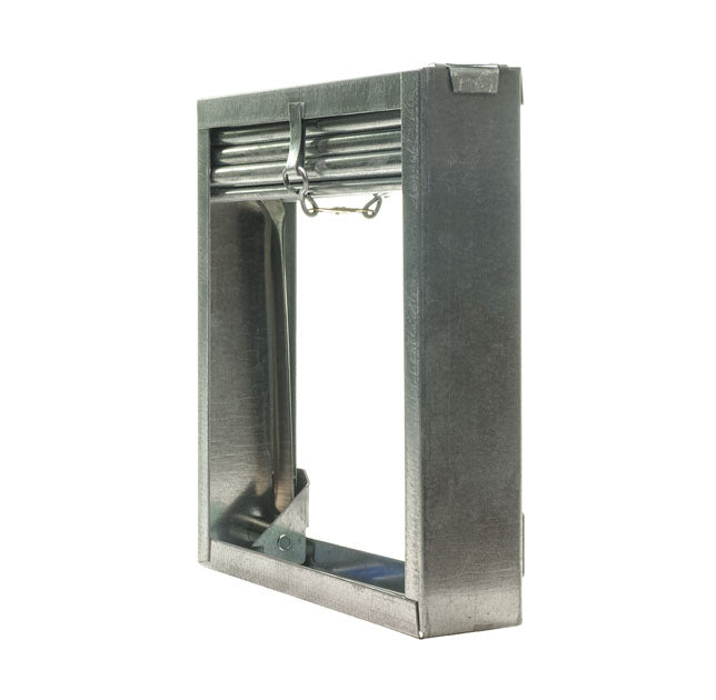 Aire Technologies’ Series 65 Type A - Horizontal Static Fire Damper, shown against a white background, features a sturdy metal design and spring mechanism similar to those in UL 555-rated dampers for maximum reliability.