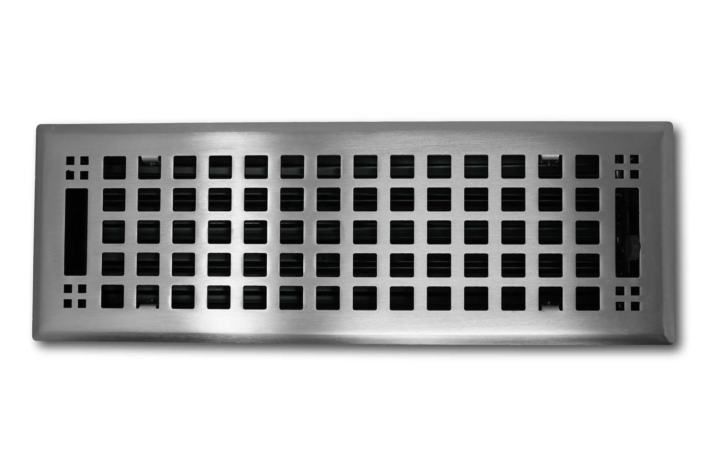 Madelyn Carter Steel Artisan Vent Cover in brushed nickel, featuring a grid pattern of square openings and a rectangular design, shown against a plain white background.