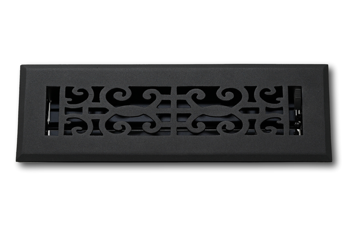 The Madelyn Carter Cast Aluminum Baroque Vent Covers - Black is a rectangular vent cover with a scroll pattern and adjustable metal dampers, shown against a plain white background.