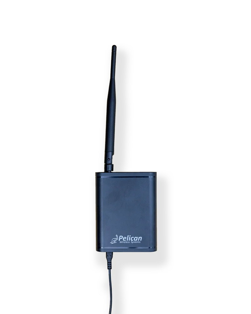 A black Pelican Wireless Extended Range Repeater WR400 Series with antenna, designed for mesh networks, shown against a plain white background.
