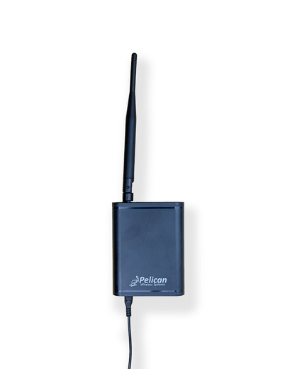 A black Pelican Wireless Extended Range Repeater WR400 Series with antenna, designed for mesh networks, shown against a plain white background.
