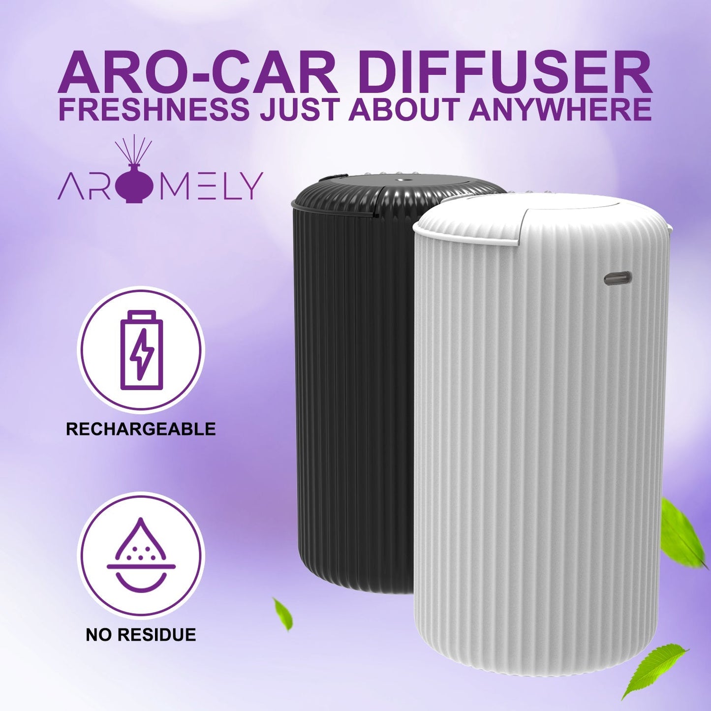 Two cylindrical ARO-CAR diffusers by AROMELY—one black, one white—display "Rechargeable" and "No Residue" icons on a purple background. Experience portable cold-air diffusion and sleek design for your favorite fragrances anywhere.