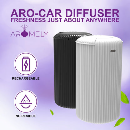 Two cylindrical ARO-CAR diffusers by AROMELY—one black, one white—display "Rechargeable" and "No Residue" icons on a purple background. Experience portable cold-air diffusion and sleek design for your favorite fragrances anywhere.