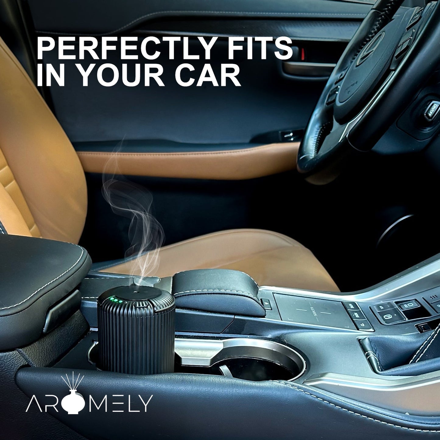 The ARO-CAR by Aromely, a compact black diffuser, emits vapor while fitting perfectly in your car’s cup holder. The phrase “Perfectly fits in your car” appears above, with the AROMELY logo visible in the corner.