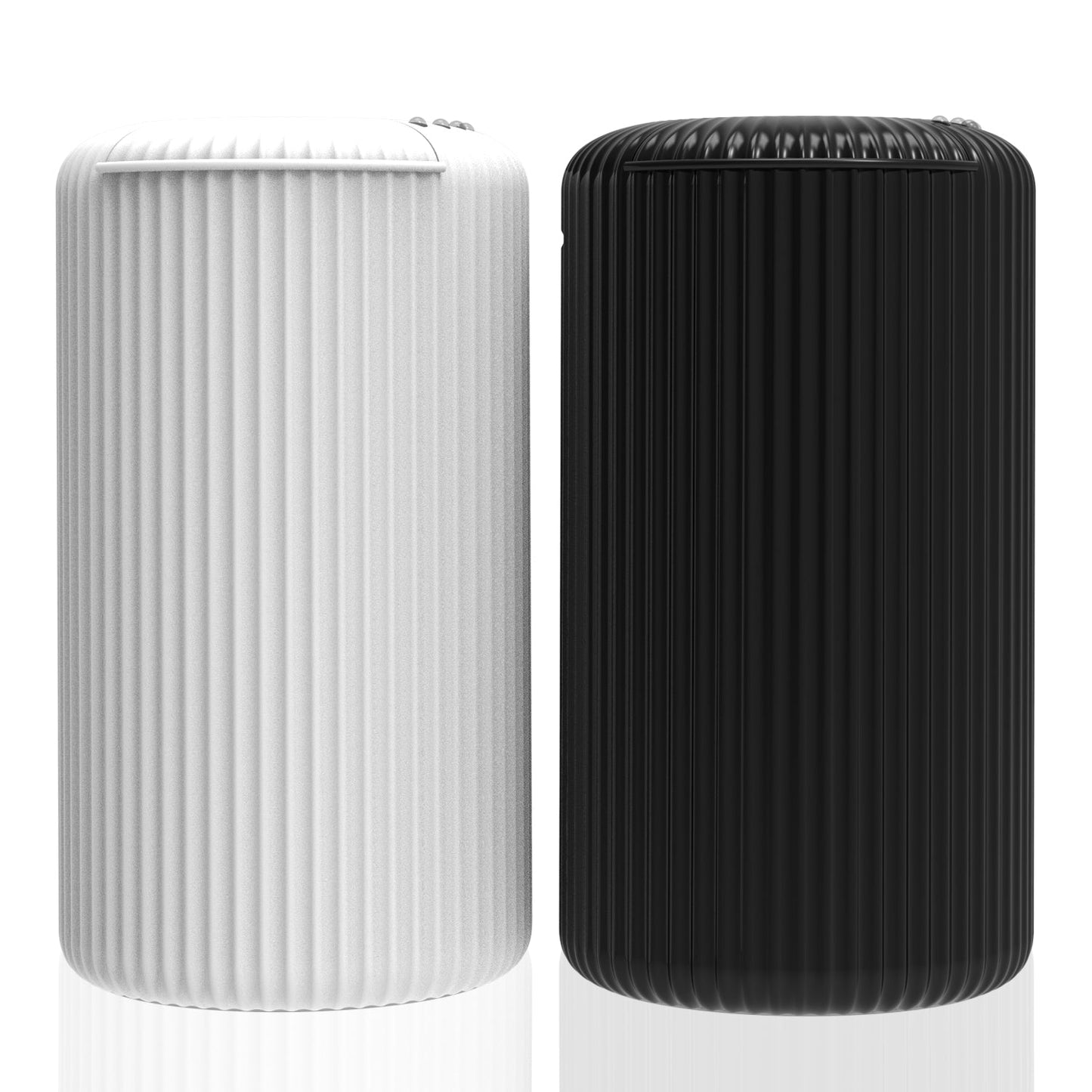 The AROMELY ARO-CAR diffusers, one white and one black with vertical ridges, stand side by side, highlighting their sleek design and cold air diffusion technology for portable fragrance use anywhere.