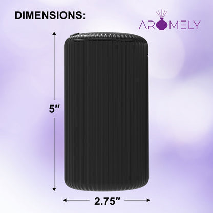 The ARO-CAR by Aromely is a black, cylindrical portable diffuser (5" tall, 2.75" wide) with a ribbed texture, cold air diffusion technology, and the AROMELY logo in the top right corner—perfect for bringing your favorite fragrances anywhere.