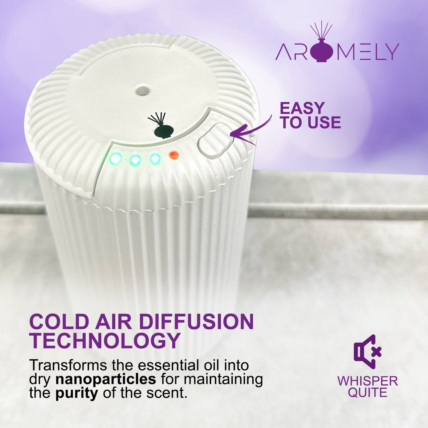 The AROMELY ARO-CAR, a white portable essential oil diffuser with indicator lights and “easy to use” label, sits on a countertop as text highlights its advanced cold air diffusion technology for on-the-go fragrance.