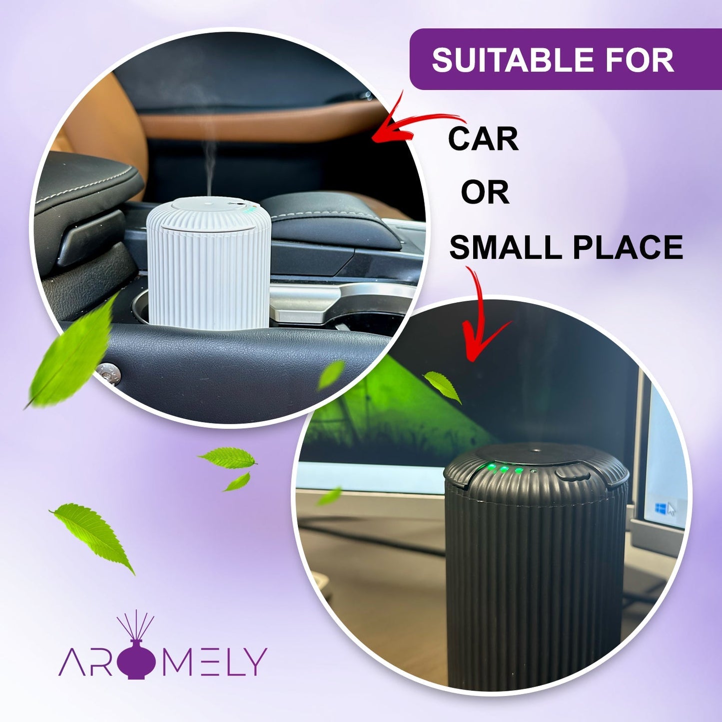 The ARO-CAR by AROMELY, a compact cylindrical portable diffuser, is shown in a car cup holder and on a desk, with text noting it's perfect for cars or small spaces. Green leaves emphasize its fresh cold air diffusion technology.