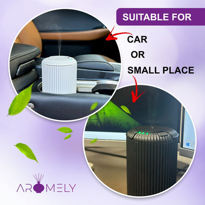 The ARO-CAR by AROMELY, a compact cylindrical portable diffuser, is shown in a car cup holder and on a desk, with text noting it's perfect for cars or small spaces. Green leaves emphasize its fresh cold air diffusion technology.
