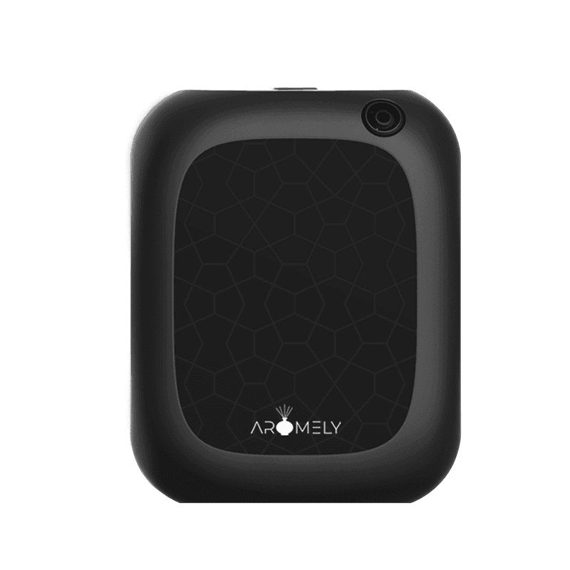The AROMELY Smart Bluetooth Scent Diffuser, a compact black device with rounded edges and the AROMELY logo, uses cold diffusion technology to deliver optimal fragrance in spaces up to 1,500 sq ft.