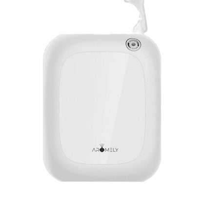 The Aromely Smart Bluetooth Scent Diffuser by AROMELY is a white, rectangular device with rounded edges and a top-right nozzle, featuring cold diffusion technology for efficient scent coverage up to 1,500 Sqft.