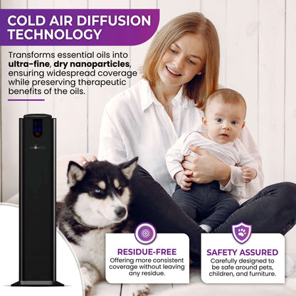 A woman holds a baby beside a husky and the AROMELY Smart Bluetooth Scent Diffuser (covers up to 2,000 SQSF), highlighting residue-free, pet- and child-safe cold air diffusion technology for essential oils.