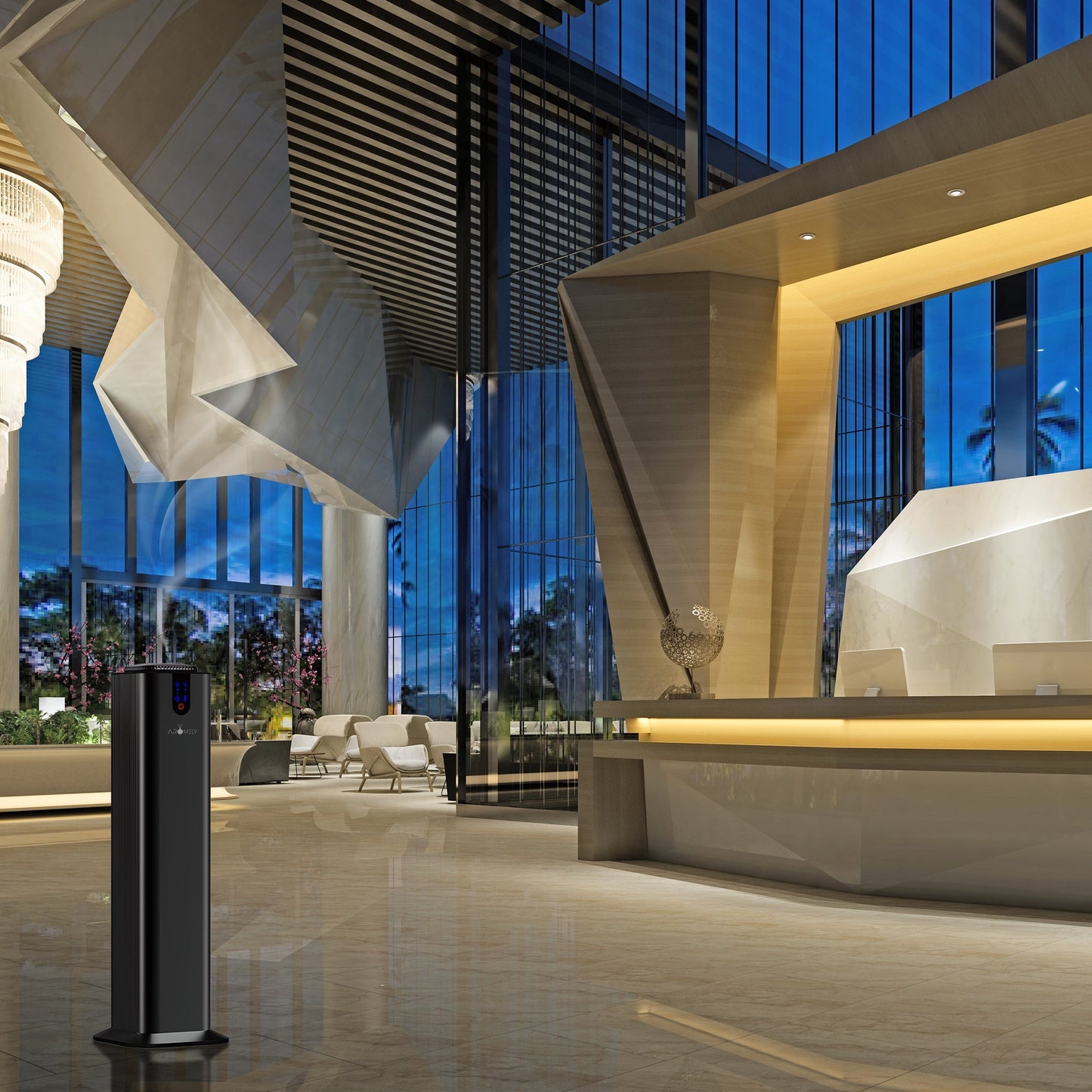 Modern hotel lobby with high ceilings, large windows, sculptural decor, front desk, seating area, and the AROMELY Aromely Smart Bluetooth Scent Diffuser for up to 2,000 SQSF discreetly enhancing the inviting ambiance.
