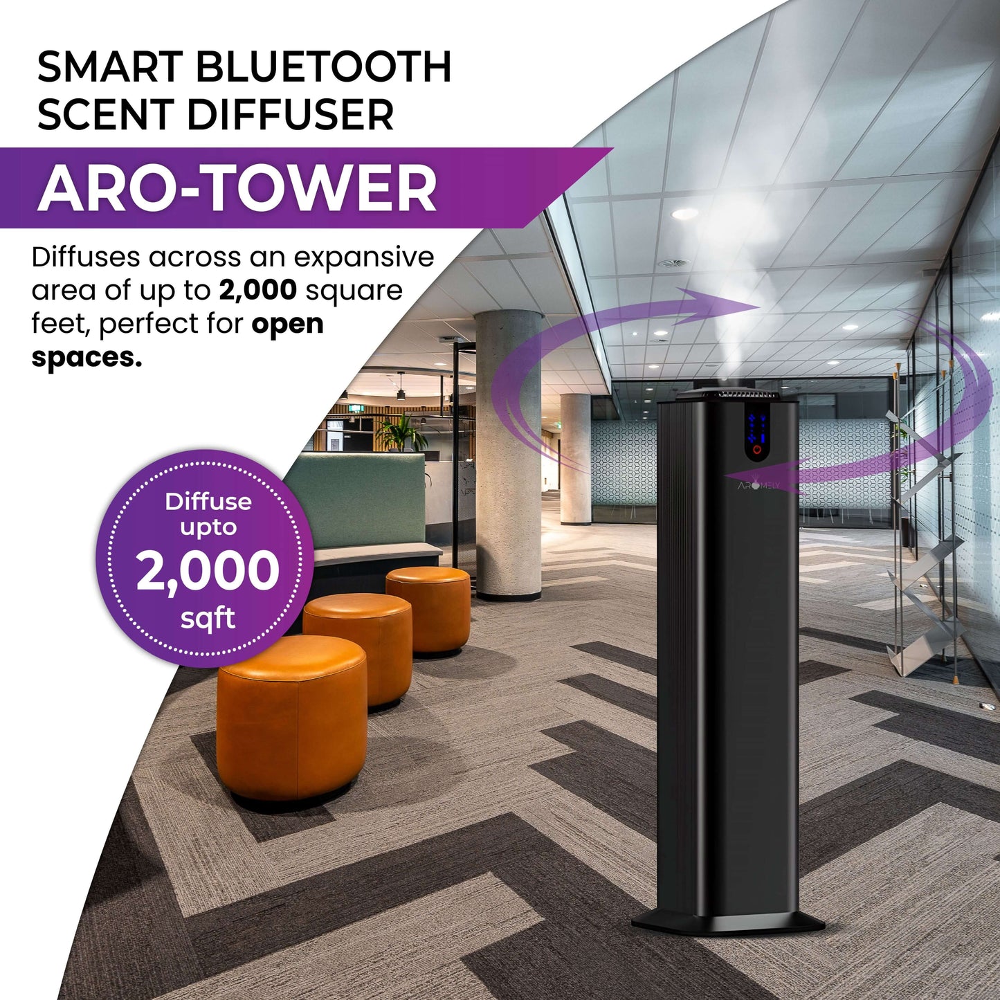 The AROMELY Aromely Smart Bluetooth Scent Diffuser in black uses cold air diffusion to cover up to 2,000 sq ft, making it ideal for open areas and modern spaces.