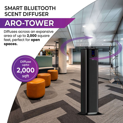 The AROMELY Aromely Smart Bluetooth Scent Diffuser in black uses cold air diffusion to cover up to 2,000 sq ft, making it ideal for open areas and modern spaces.