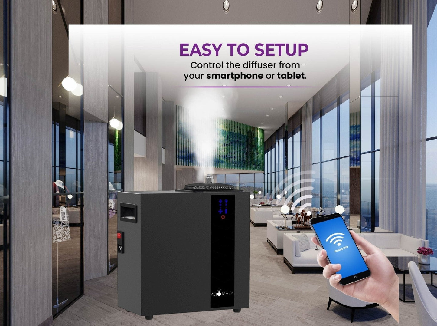 A person uses a smartphone to control the AROMELY Smart HVAC Scent Diffuser up to 16,000 SQSF in a modern room. Text above: "EASY TO SETUP – Manage this large commercial cold air diffuser by AROMELY from your smartphone or tablet.