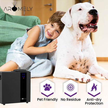 A child hugs a large white dog on the floor as icons show pet friendliness, no residue, and anti-dry protection. In front is the black AROMELY Aromely Smart HVAC Scent Diffuser (up to 16,000 SQSF) using cold air diffusion technology.