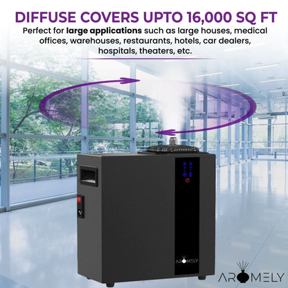 The AROMELY Aromely Smart HVAC Scent Diffuser (black, large) uses cold air diffusion to scent spaces up to 16,000 sq ft—ideal for offices, hotels, or hospitals—with efficient vapor emission in modern hallways.