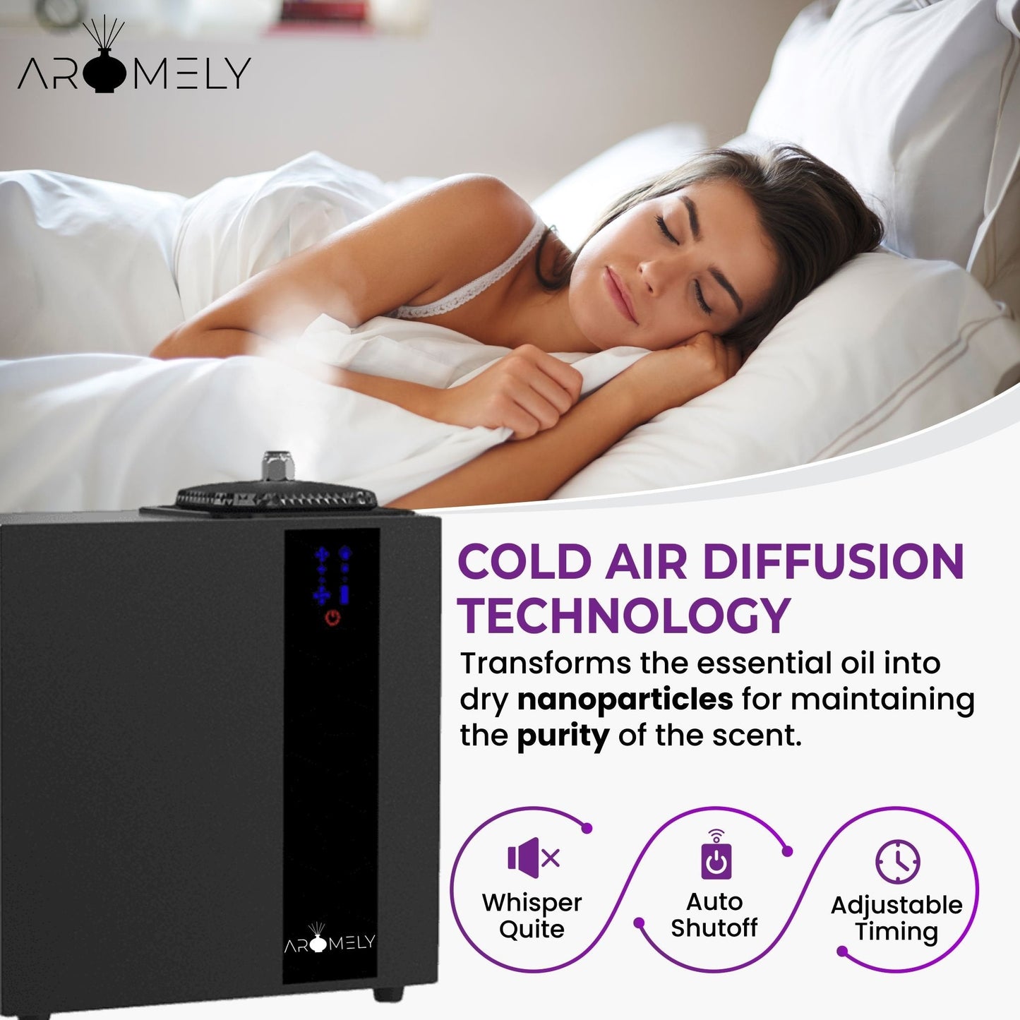A woman sleeps in bed next to the AROMELY Aromely Smart HVAC Scent Diffuser up to 16,000 SQSF. Text highlights its cold air diffusion technology, whisper-quiet operation, auto shutoff, and adjustable timing features.