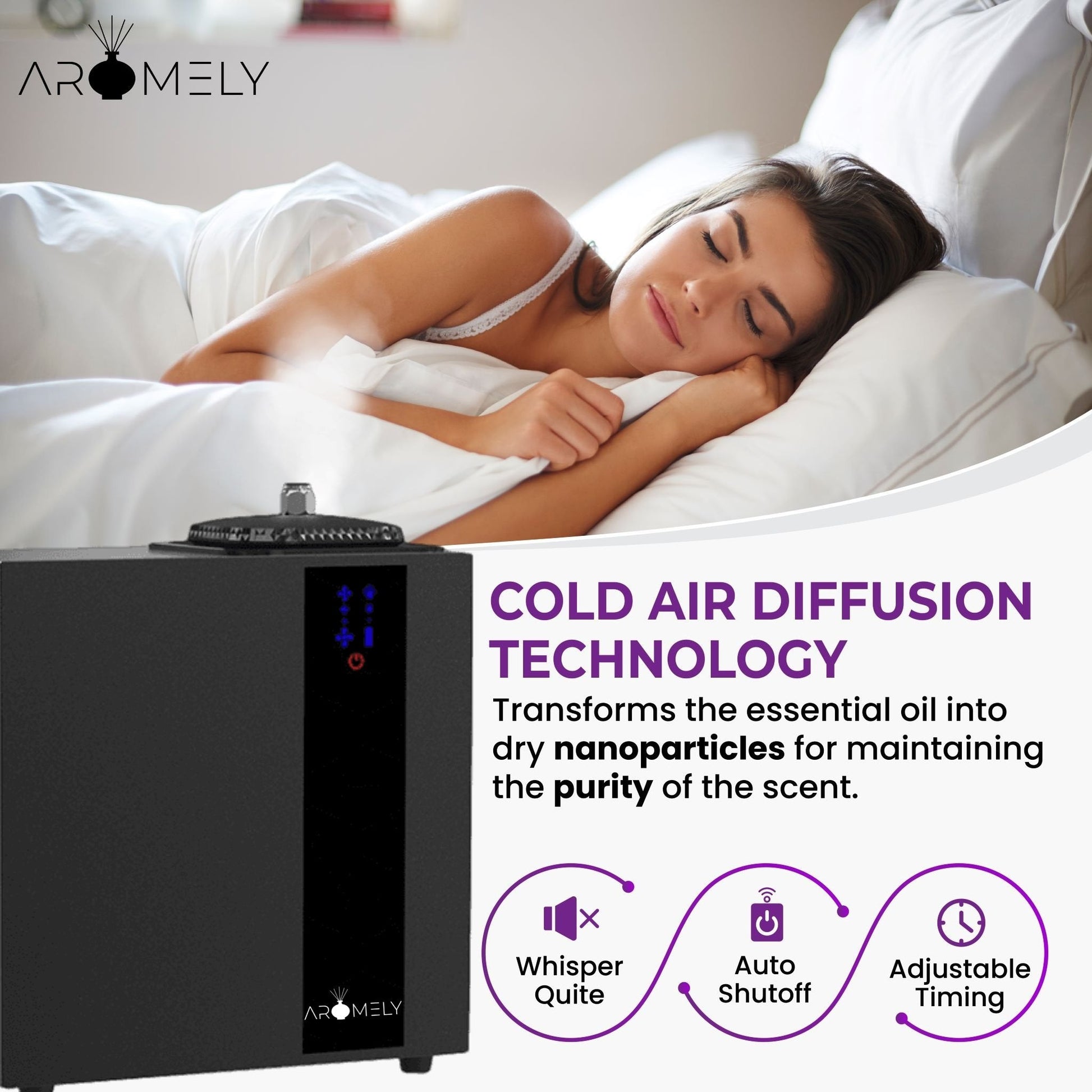A woman sleeps in bed next to the AROMELY Aromely Smart HVAC Scent Diffuser up to 16,000 SQSF. Text highlights its cold air diffusion technology, whisper-quiet operation, auto shutoff, and adjustable timing features.