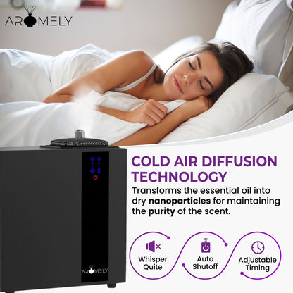 A woman sleeps in bed next to the AROMELY Aromely Smart HVAC Scent Diffuser up to 16,000 SQSF. Text highlights its cold air diffusion technology, whisper-quiet operation, auto shutoff, and adjustable timing features.