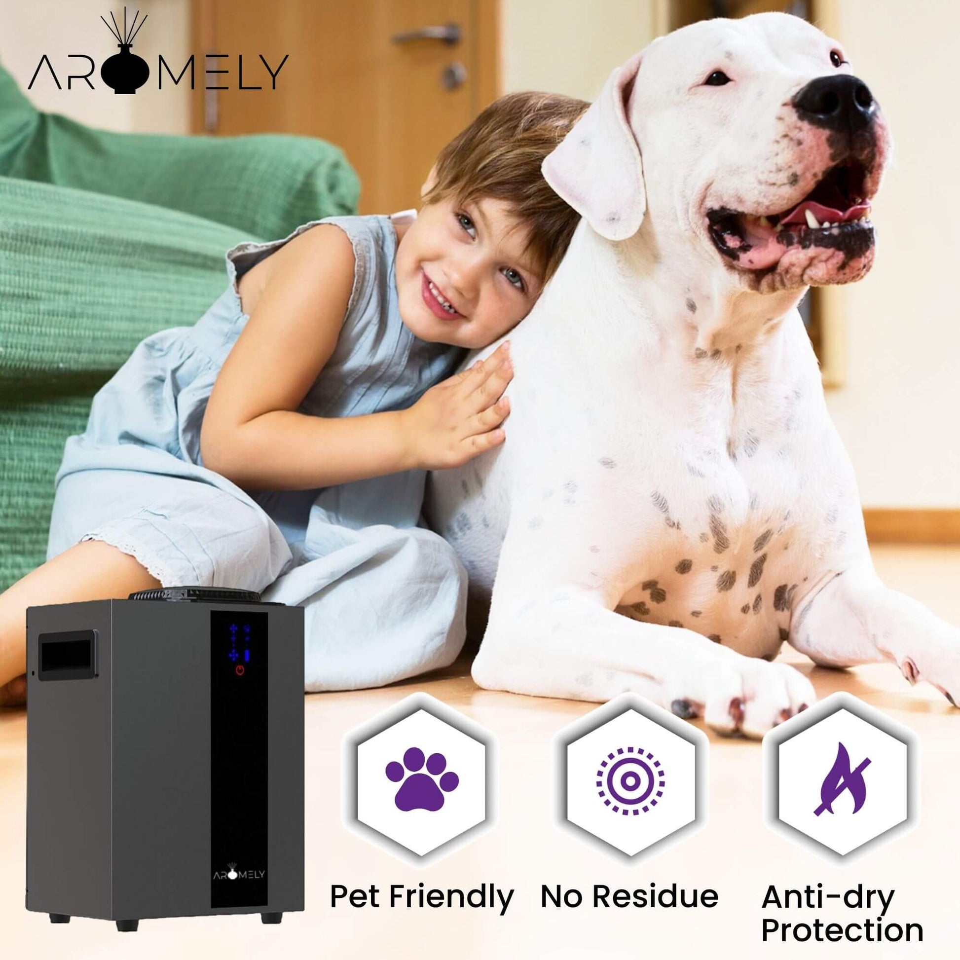 A young girl hugs a large white dog next to the AROMELY Smart HVAC Scent Diffuser (up to 4,000 SQSF). Icons and text highlight that it’s pet friendly, leaves no residue, features anti-dry protection, and uses cold air diffusion.