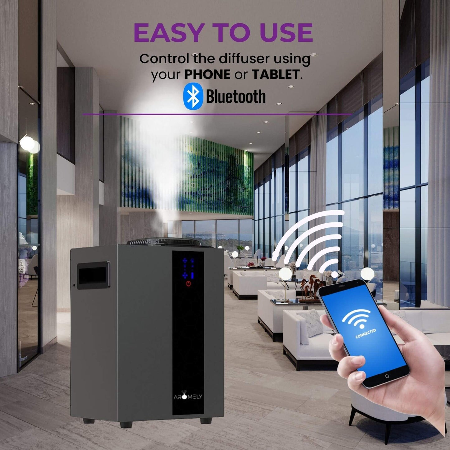 Easily control the AROMELY Smart HVAC Scent Diffuser (up to 4,000 SQSF - UPGRADED) via Bluetooth using your phone or tablet in any modern setting.