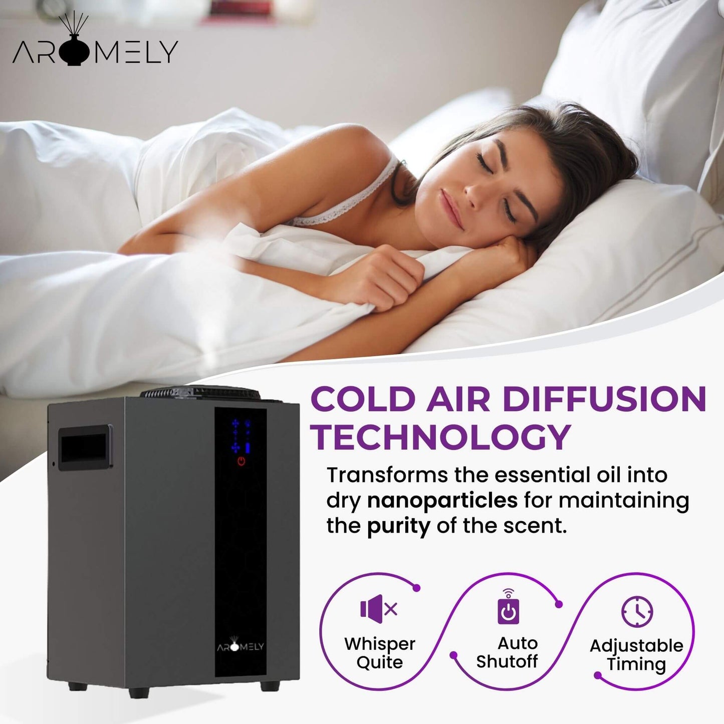 A woman sleeps as an AROMELY Smart HVAC Scent Diffuser (up to 4,000 SQSF - UPGRADED) sits nearby, featuring whisper-quiet operation, auto shutoff, adjustable timing, and advanced cold air diffusion technology.