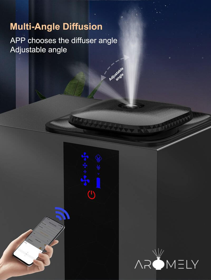 Using a smartphone app, a person controls the AROMELY Aromely Smart HVAC Scent Diffuser (up to 4,000 SQSF), adjusting the top mist direction with cold air diffusion technology.