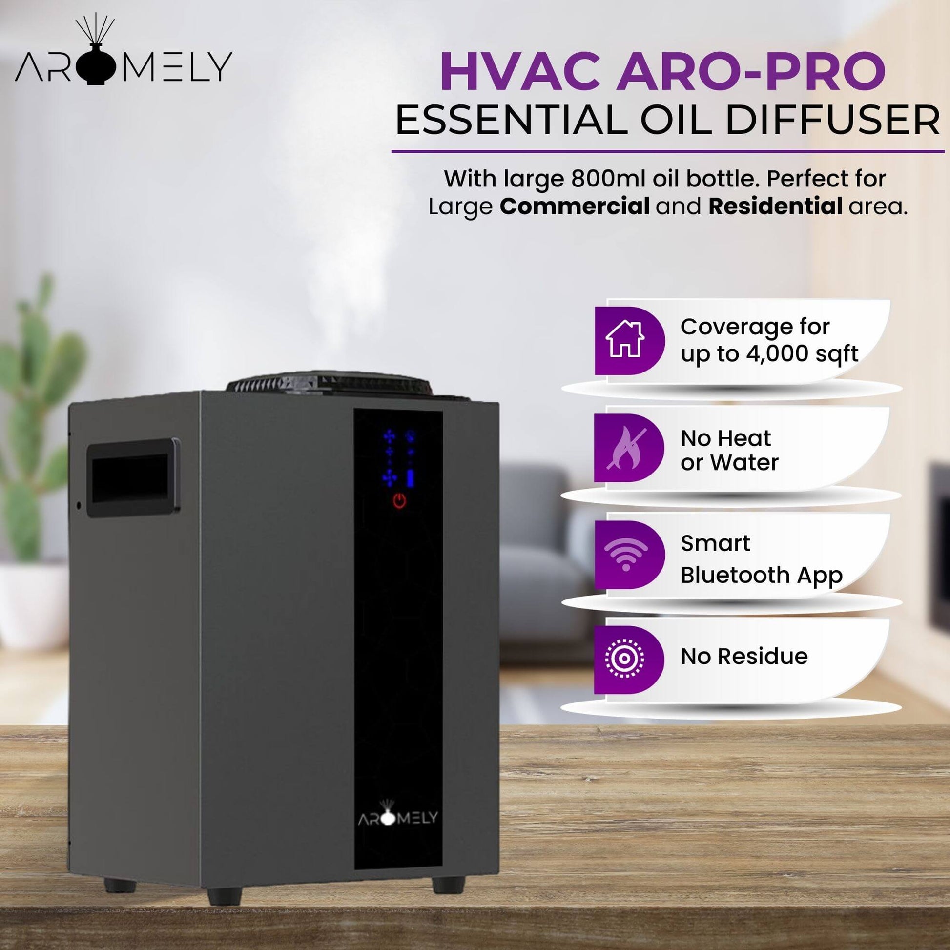 The Aromely Smart HVAC Scent Diffuser up to 4,000 SQSF by AROMELY is a large black unit with an LED display, featuring Bluetooth, no residue, cold air diffusion tech, and wide coverage—perfect for efficient scenting.