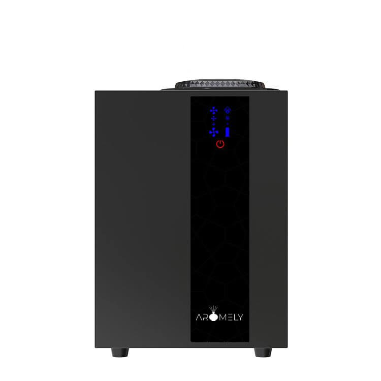 The AROMELY Smart HVAC Scent Diffuser up to 4,000 SQSF - UPGRADED features cold air diffusion, a digital display with blue indicators, and a front power button for optimal fragrance.