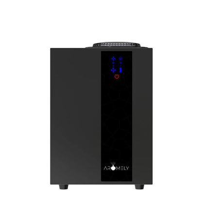 The AROMELY Smart HVAC Scent Diffuser up to 4,000 SQSF - UPGRADED features cold air diffusion, a digital display with blue indicators, and a front power button for optimal fragrance.